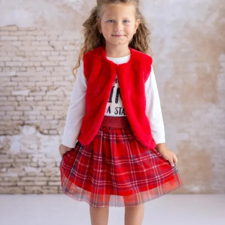 Kız Bebek Baskılı T-Shirt Ekose Etek İkili Takım - Kırmızı