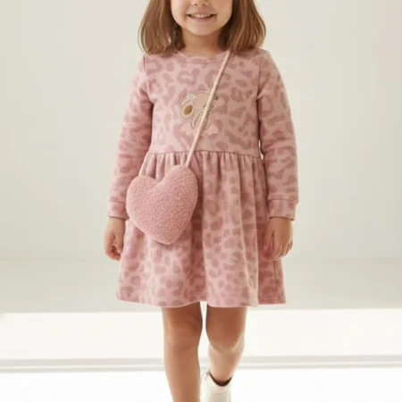 Kız Bebek Çanta Aksesuarlı Jakarlı Elbise - Pembe
